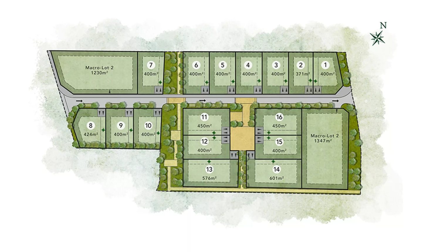 Masterplan of the Baziege subdivision showing sixteen serviced plots and two macro-lots