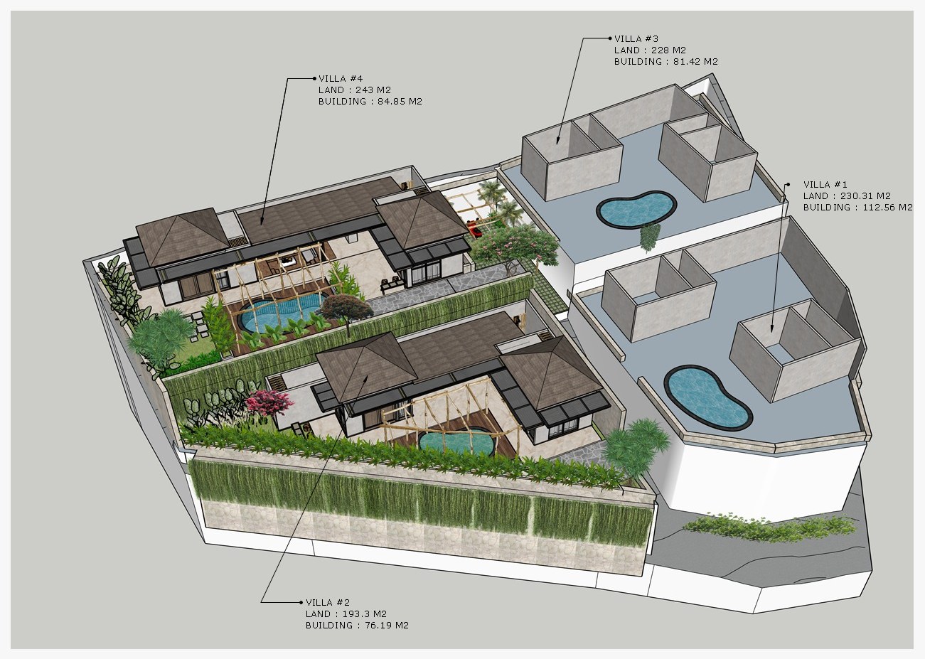 Isometric study of the four villas with plot and building areas